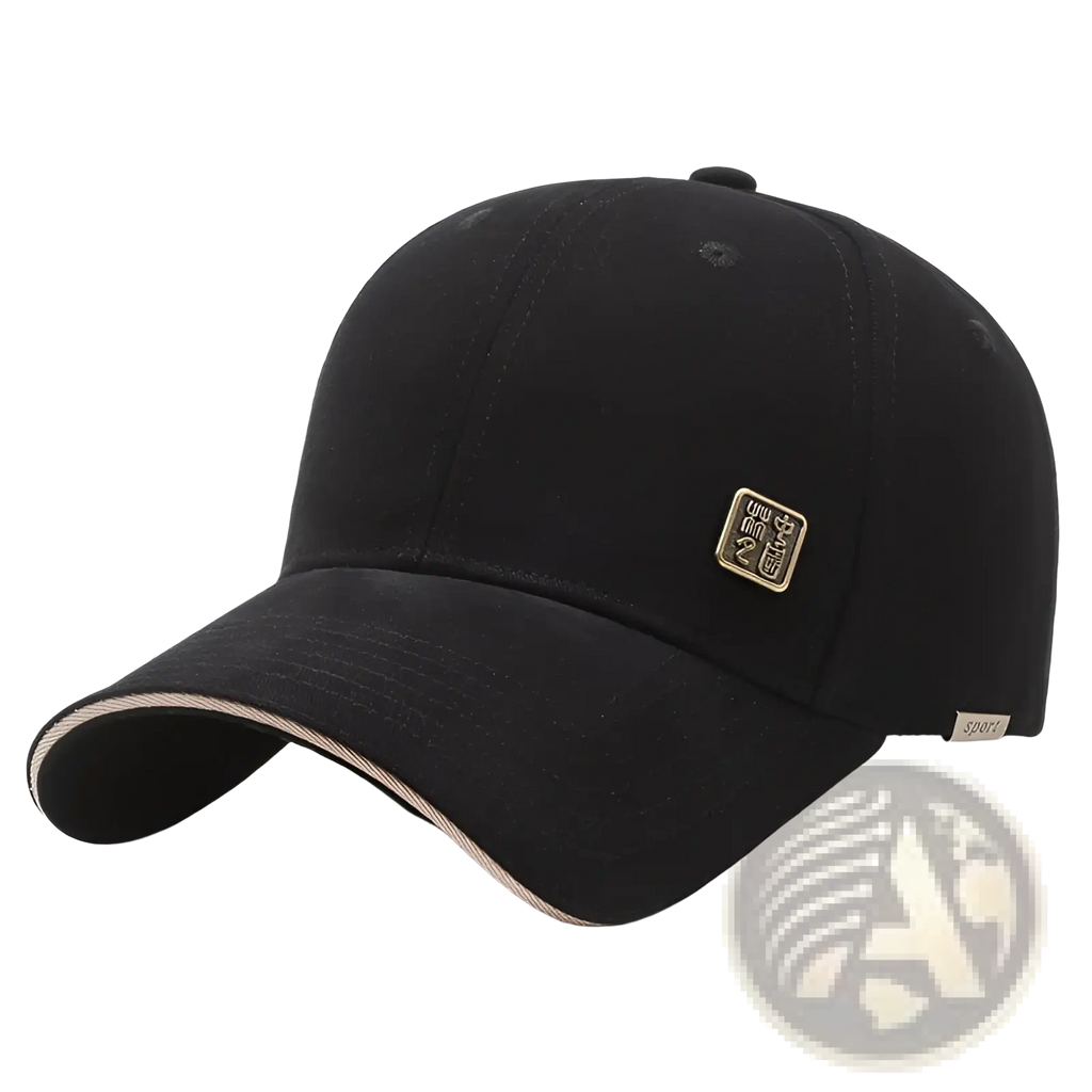Men outdoor baseball cap in black with beige trim and gold-tone patch for sun protection use