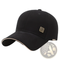 Men outdoor baseball cap in black with beige trim and gold-tone patch for sun protection use