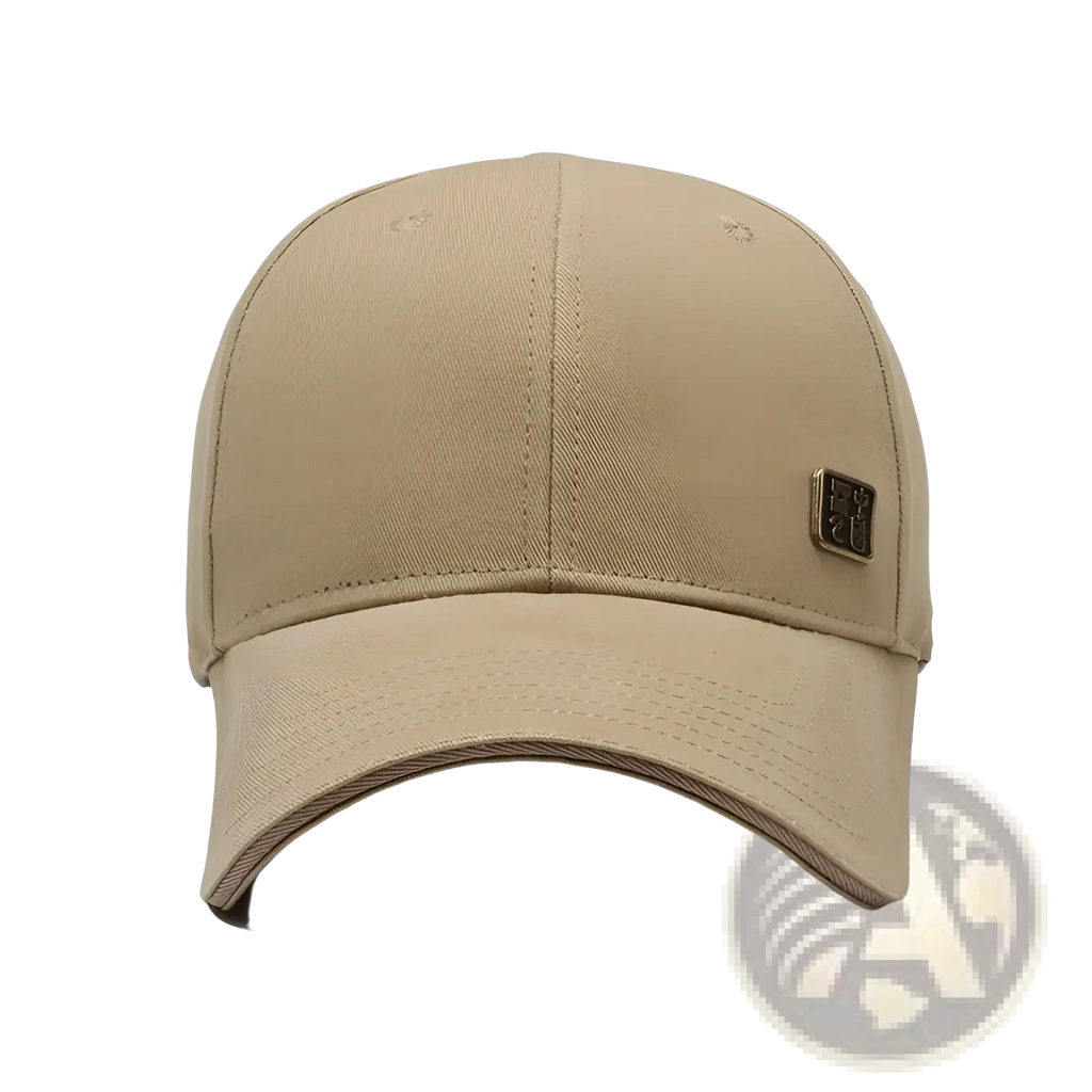 Beige cotton men outdoor baseball cap with sun protection and small black embroidered logo on the front