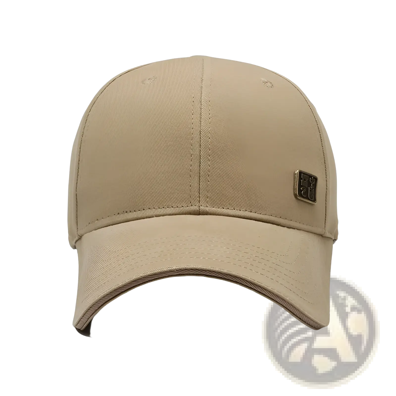 Beige cotton men outdoor baseball cap with sun protection and small black embroidered logo on the front