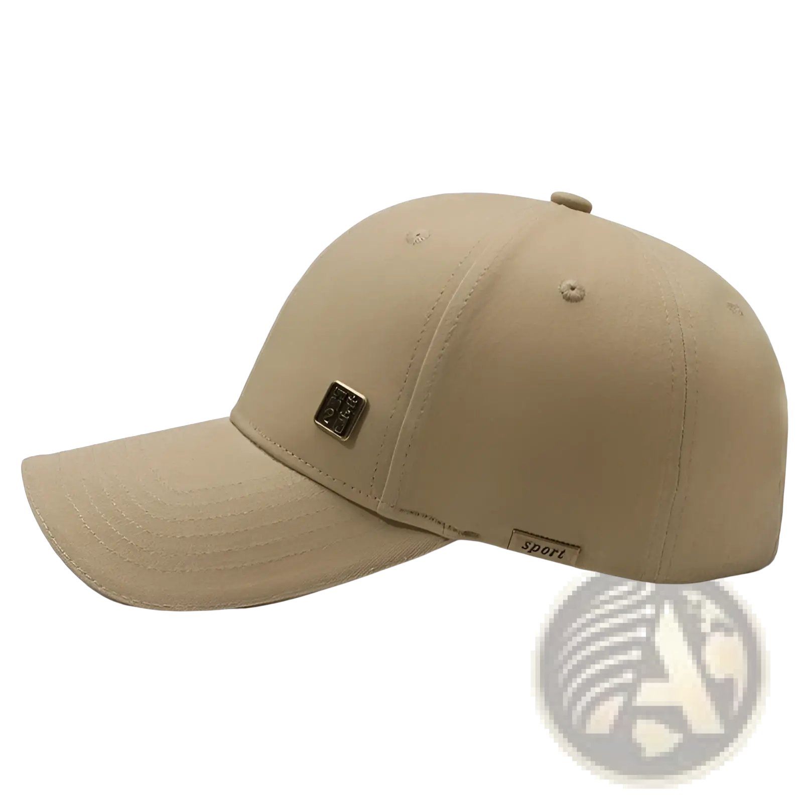 Beige men outdoor baseball cap with sun protection featuring a small metallic emblem and sport label near the brim