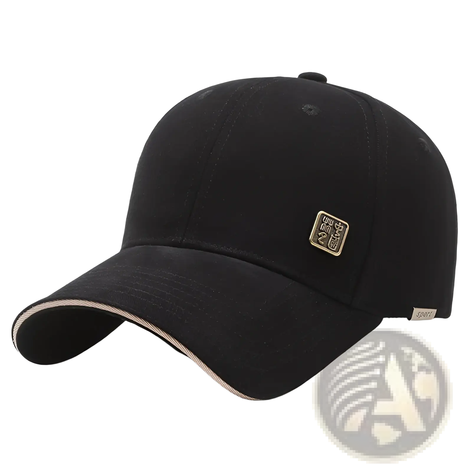 Men outdoor black baseball cap with beige trim and gold-tone patch for sun protection and casual wear