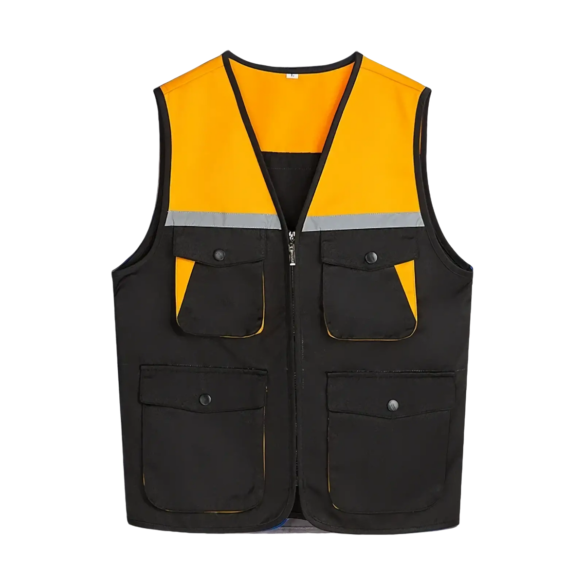 Men outdoor multi pocket utility vest in black and bright orange with reflective gray stripe and button-secured pockets