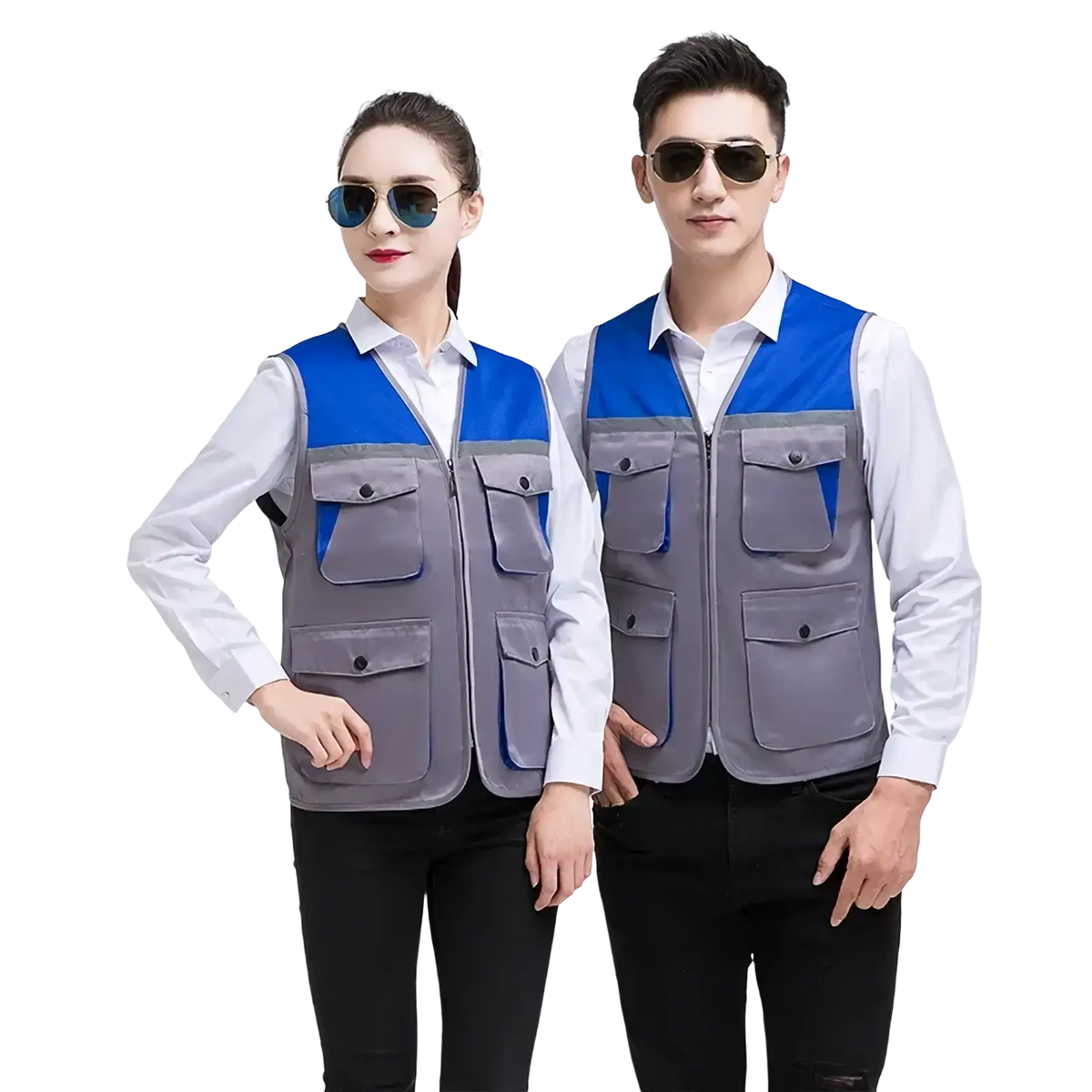 Men outdoor multi pocket utility vest in blue and gray with multiple pockets designed for versatile use