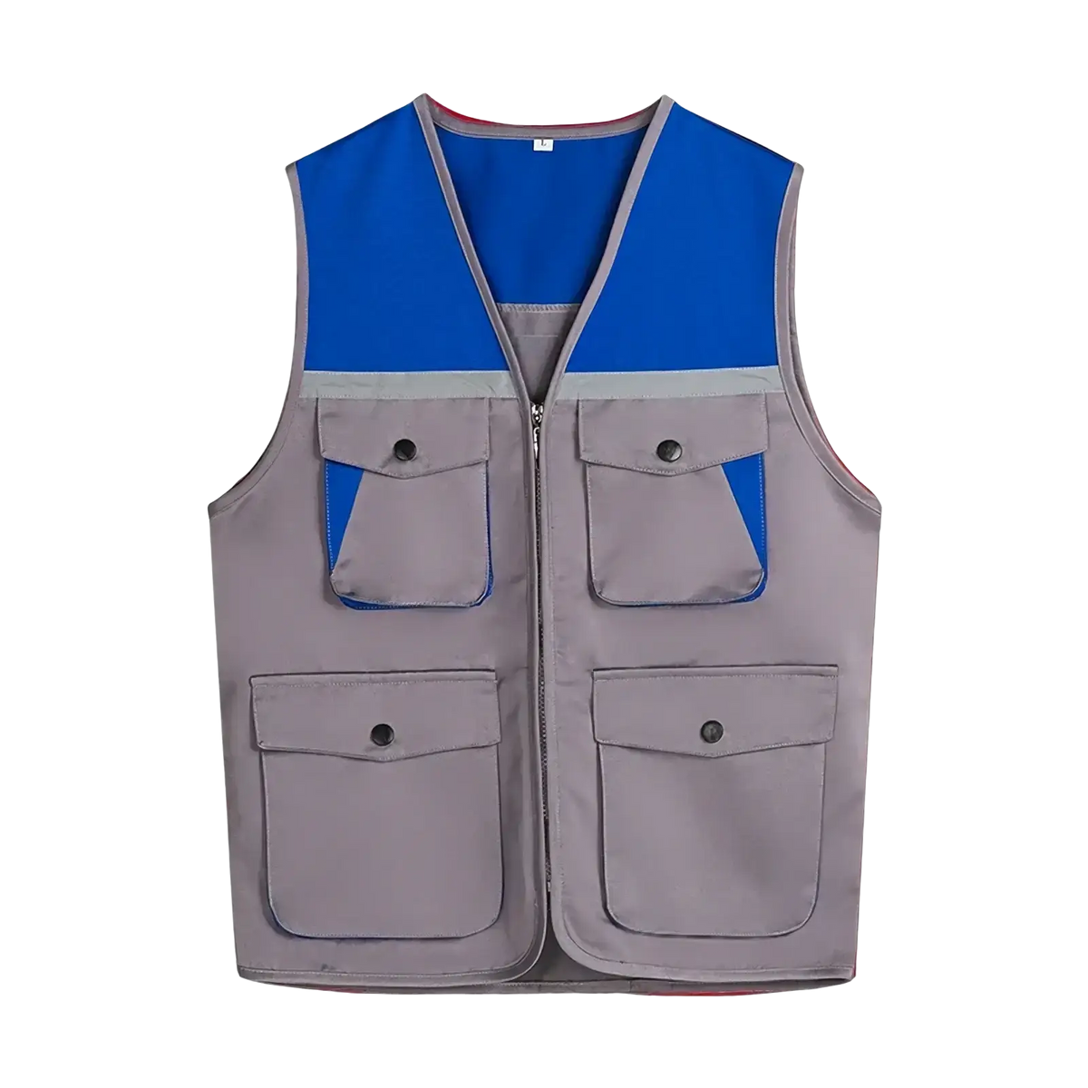 Men outdoor multi pocket utility vest in blue and gray with multiple front pockets and a zipper closure