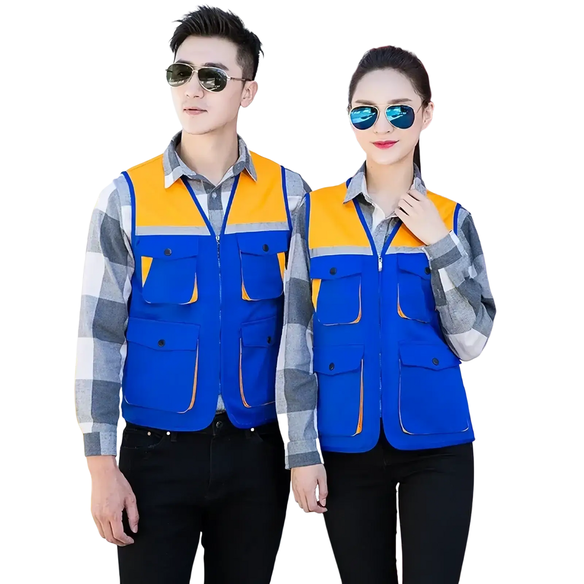 Blue and orange reflective men outdoor multi pocket utility vest with multiple pockets for versatile use