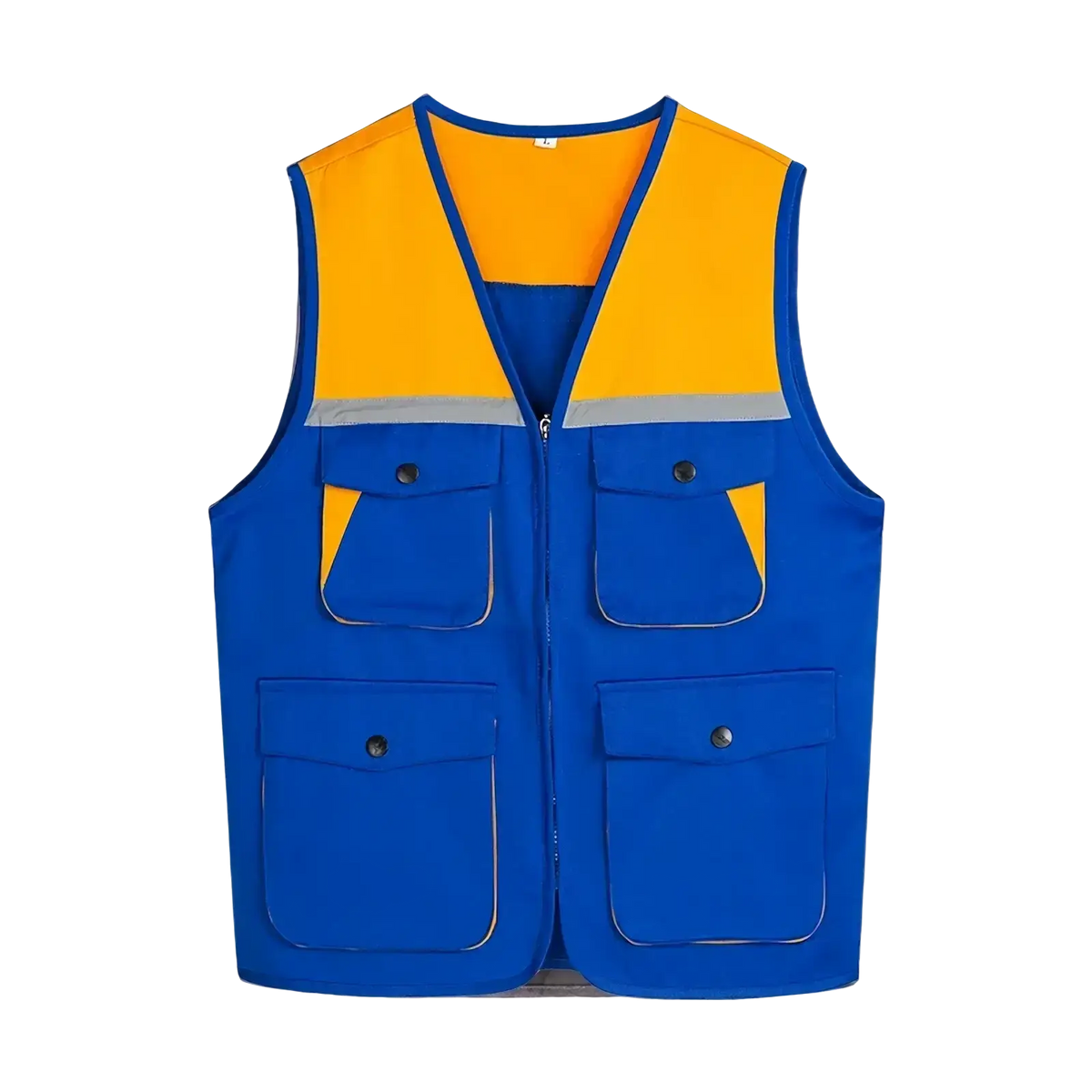 Men outdoor multi pocket utility vest in bright blue and orange with reflective stripe and multiple black-button pockets