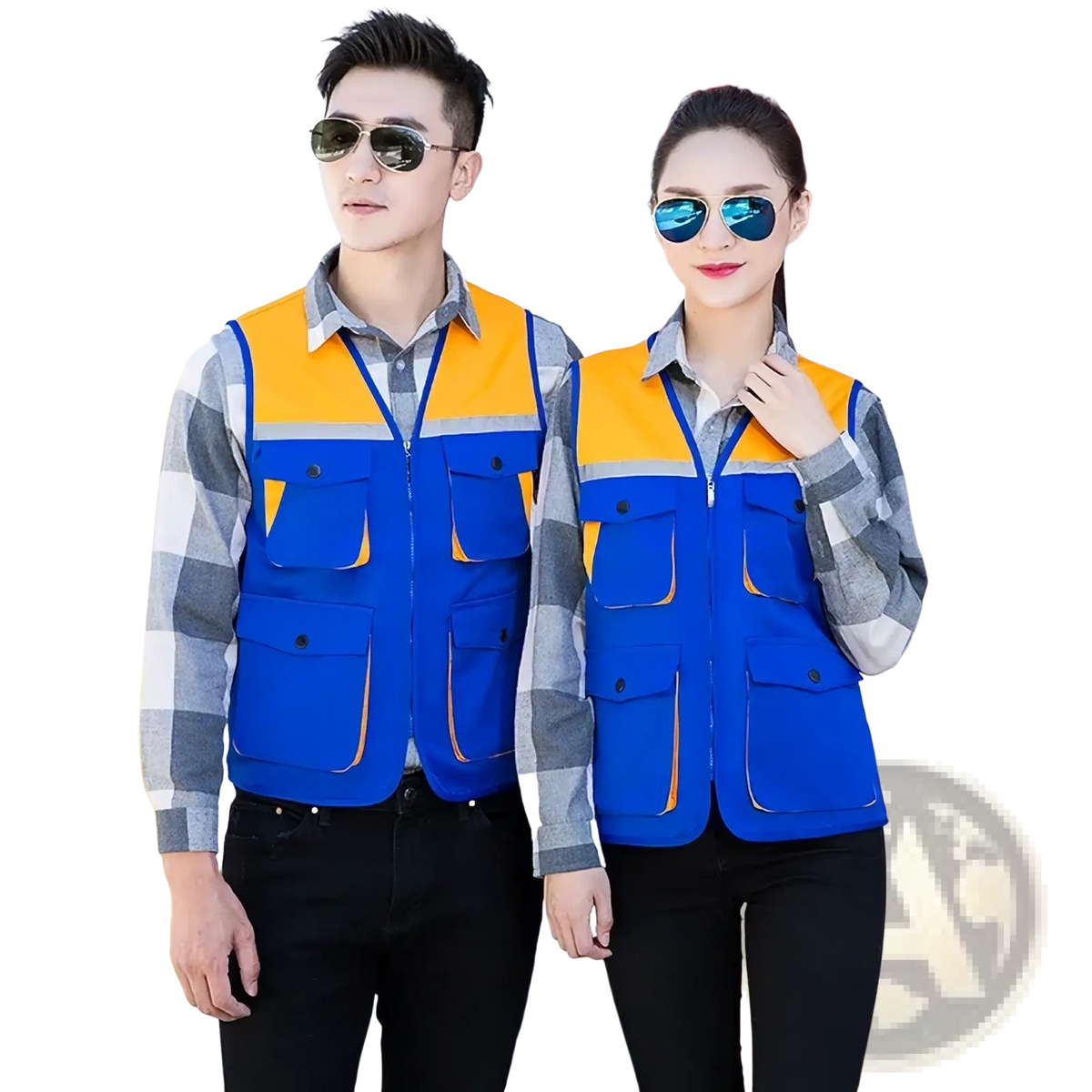 Men outdoor multi pocket utility vest in bright blue and orange with reflective stripes for enhanced safety