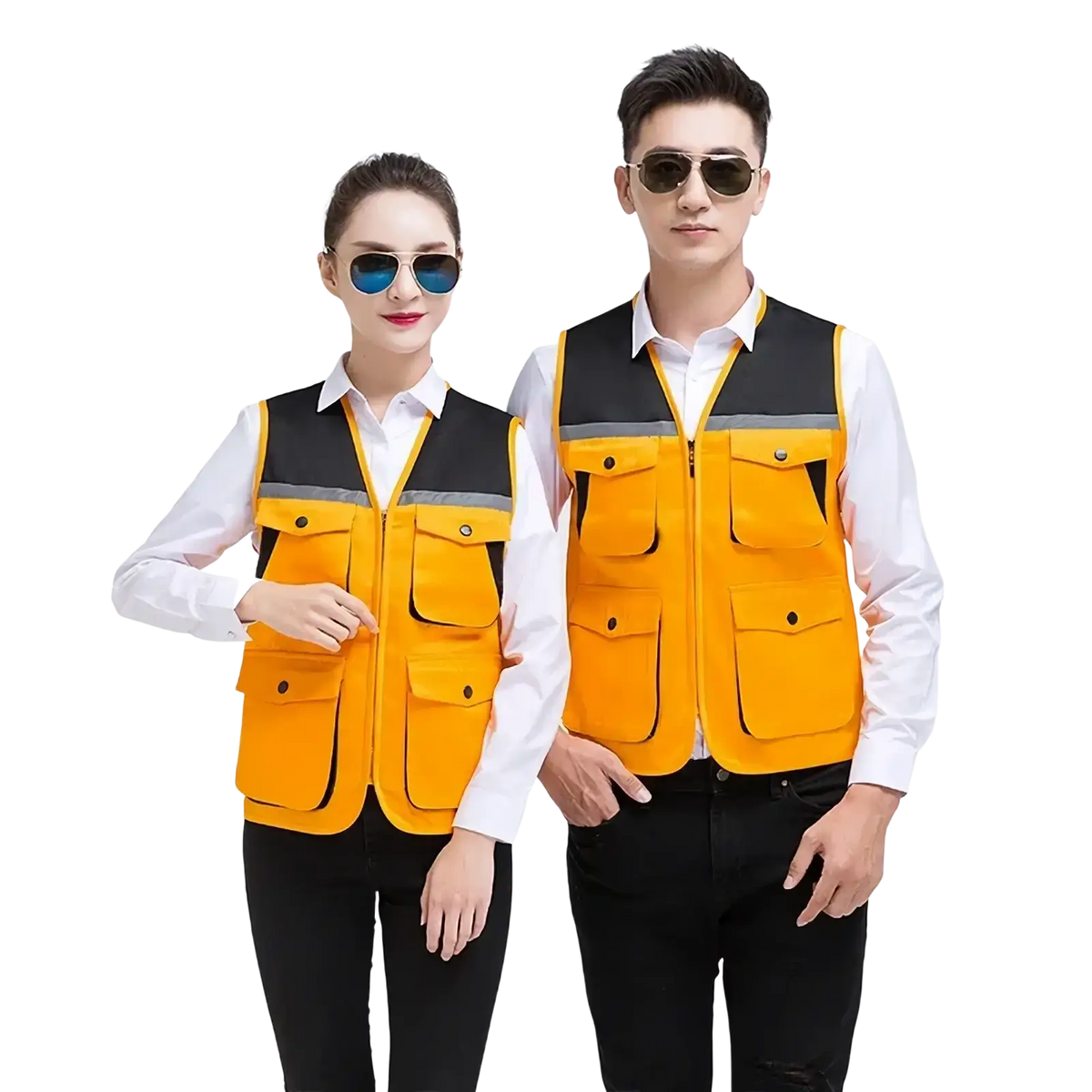 Men outdoor multi pocket utility vest in bright orange and black reflective fabric with multiple secure pockets