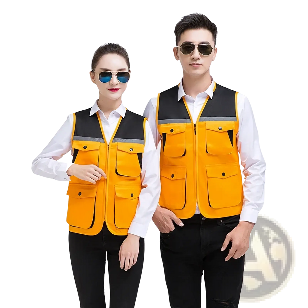 Men outdoor multi pocket utility vest in bright orange and black reflective material with multiple functional pockets