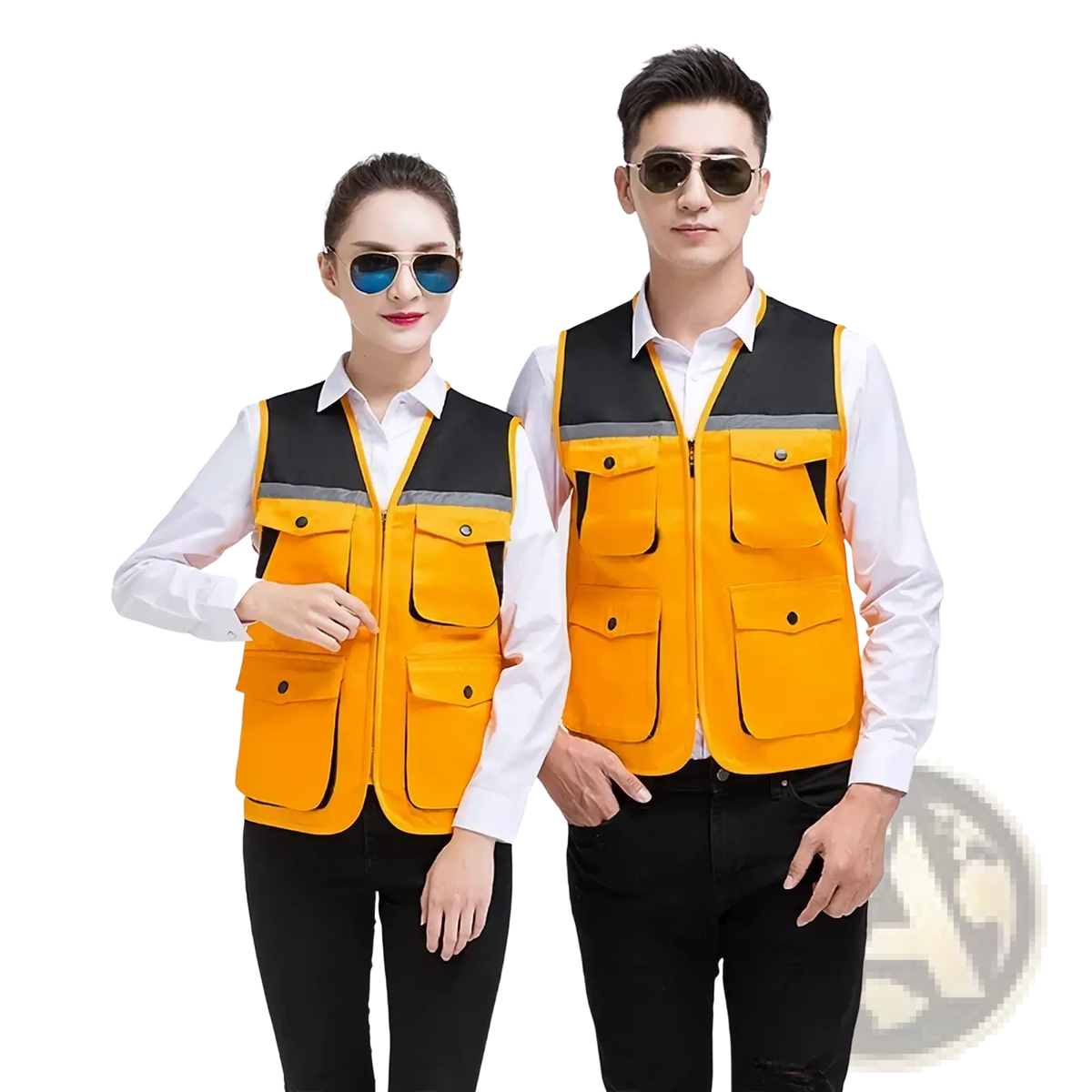 Men outdoor multi pocket utility vest in bright orange and black reflective material with multiple functional pockets