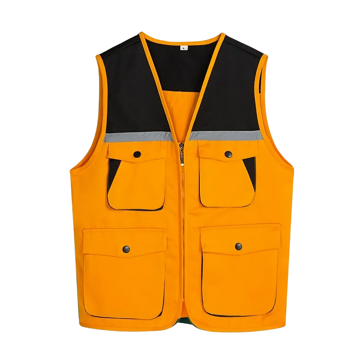 Men outdoor multi pocket utility vest in bright orange with black panels and reflective gray safety stripes
