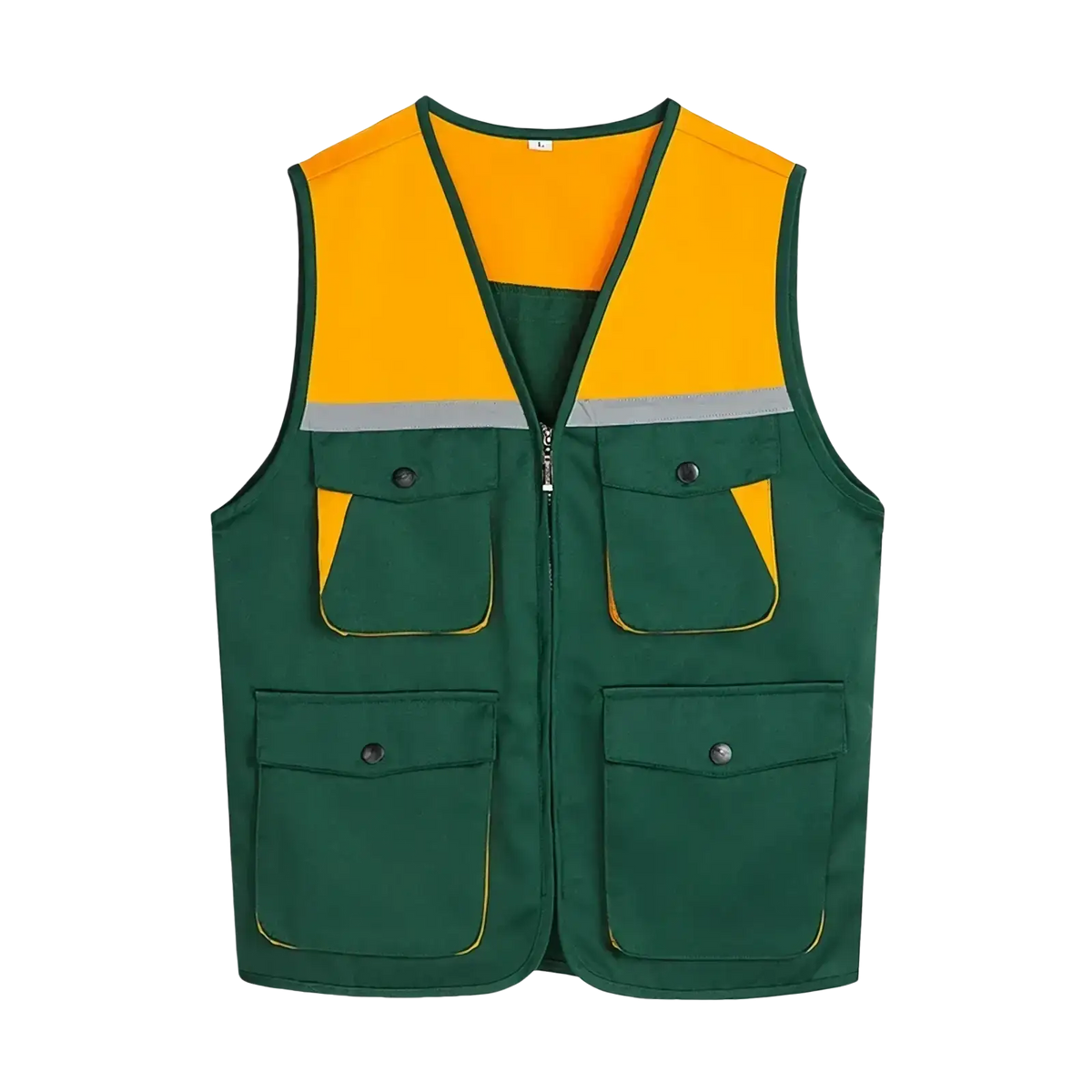 Men outdoor multi pocket utility vest in green and yellow reflective fabric with multiple pockets for safety and storage