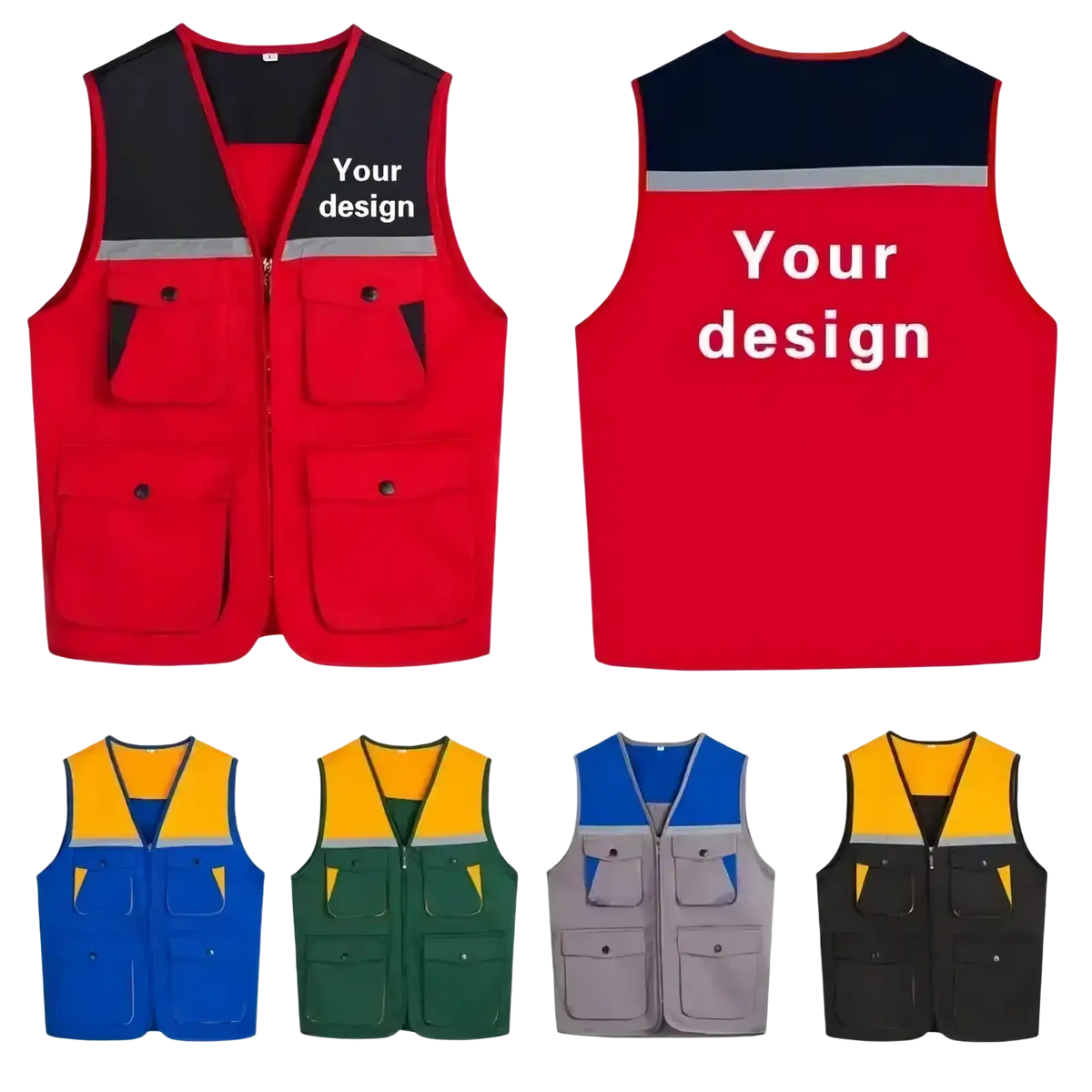 Men outdoor multi pocket utility vest in red and black with multiple pockets and reflective chest stripe