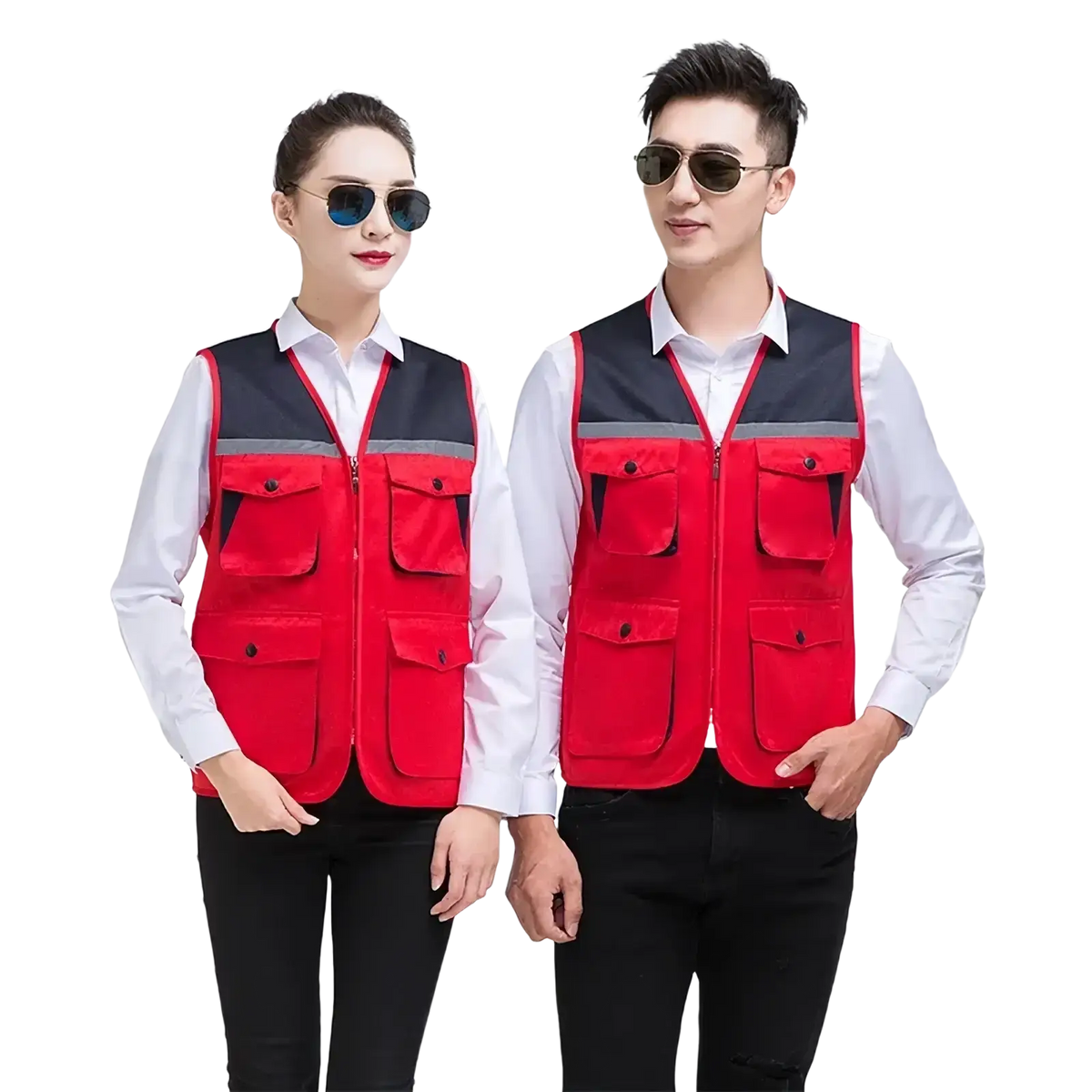 Men outdoor multi pocket utility vest in red and black with gray reflective stripe and multiple functional pockets