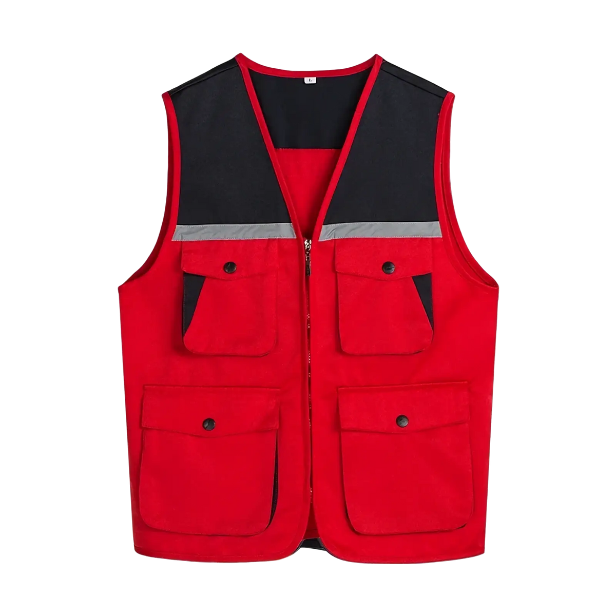 Men outdoor multi pocket utility vest in red and black with reflective gray stripe across the chest for visibility