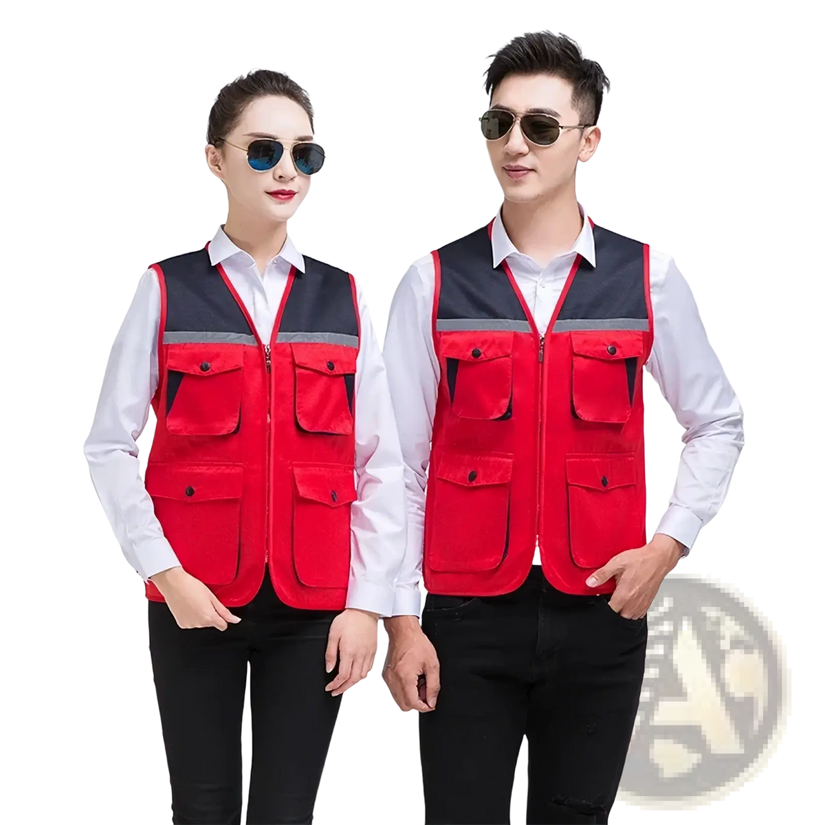 Men outdoor multi pocket utility vest in red and black with gray reflective stripe and multiple front pockets