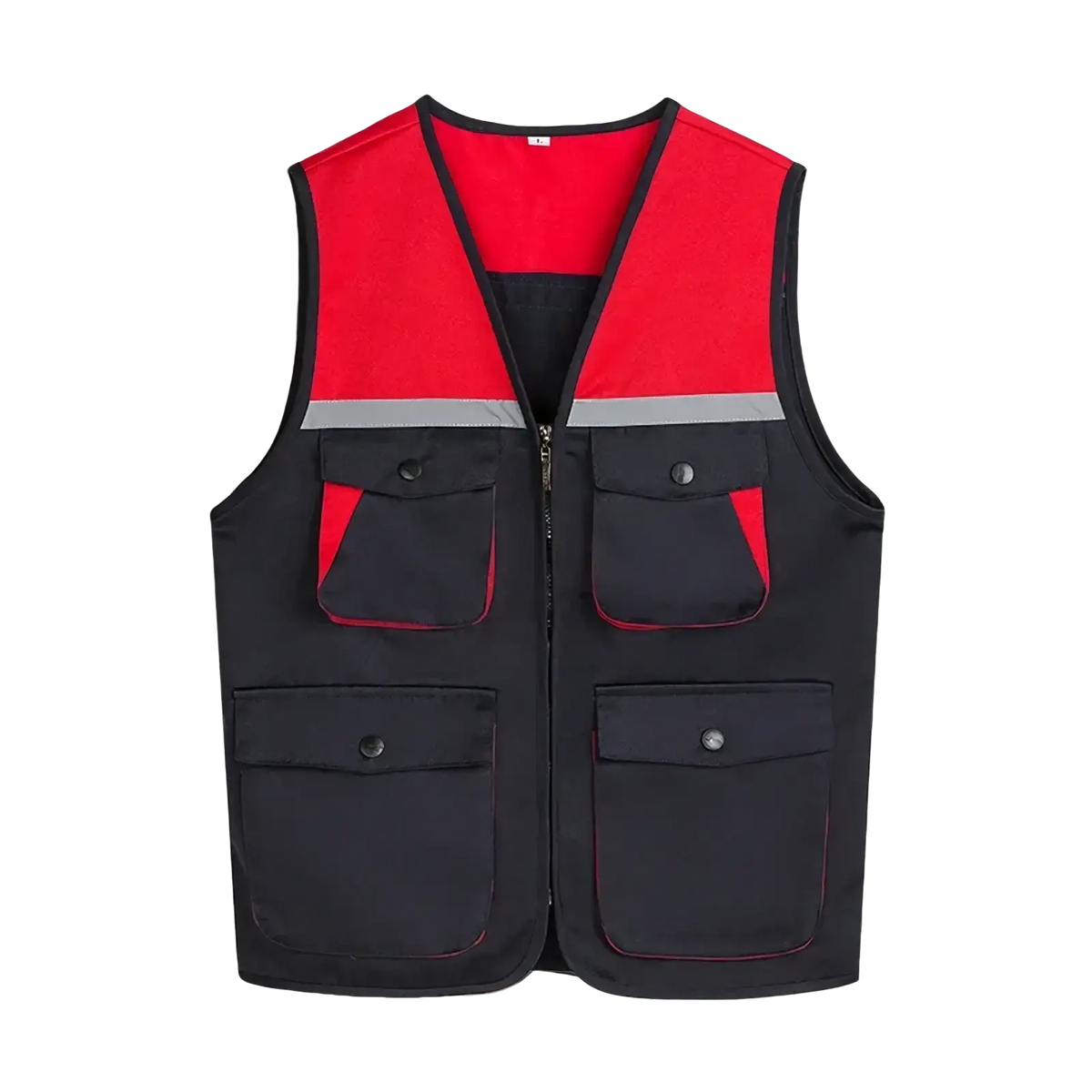 Men outdoor multi pocket utility vest in red and black with gray reflective stripe for enhanced safety
