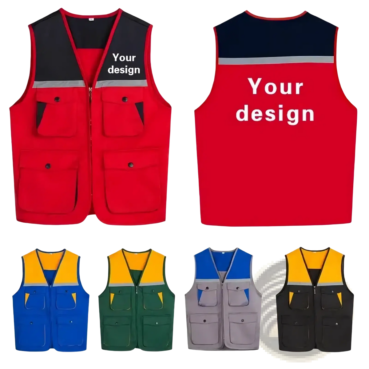 Men outdoor multi pocket utility vest in red and black reflective fabric with multiple pockets for safety and convenience
