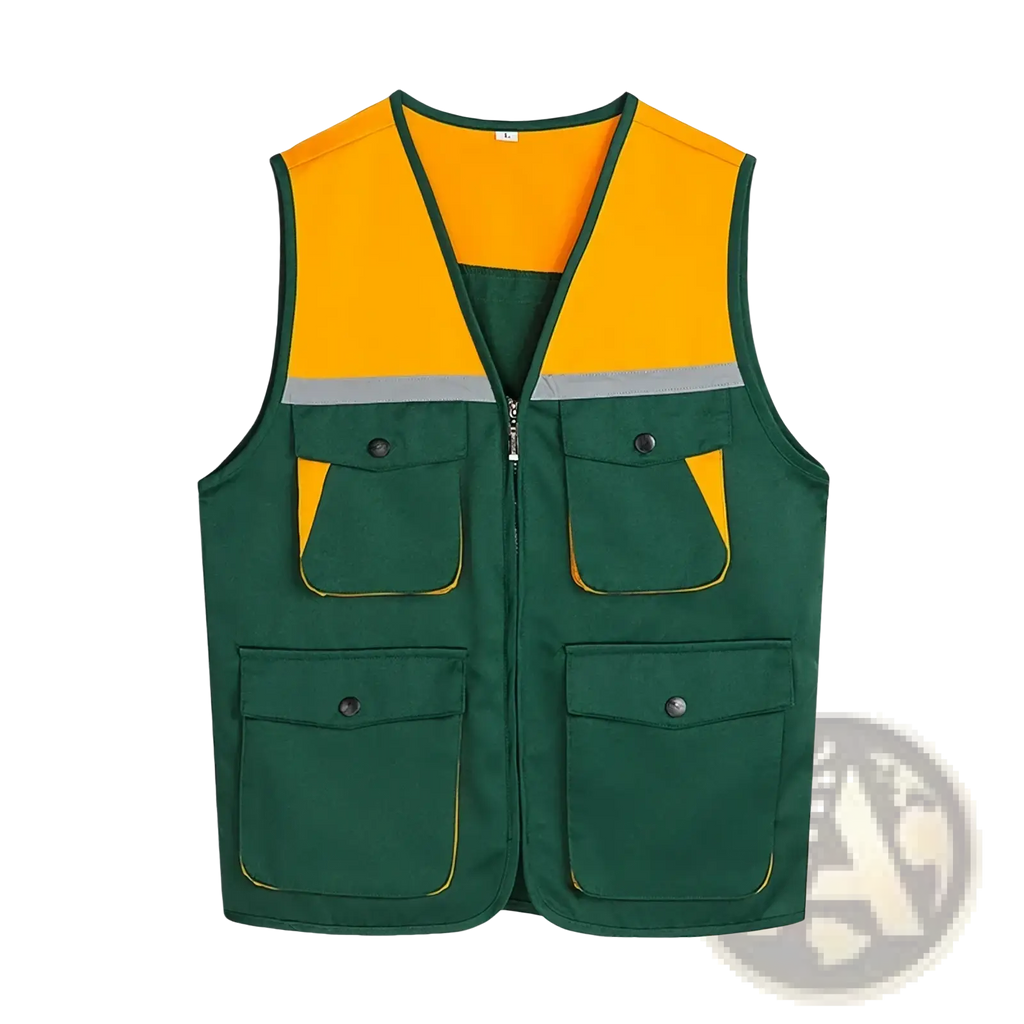 Men outdoor multi pocket utility vest in high-visibility green and yellow with reflective silver stripes for safety