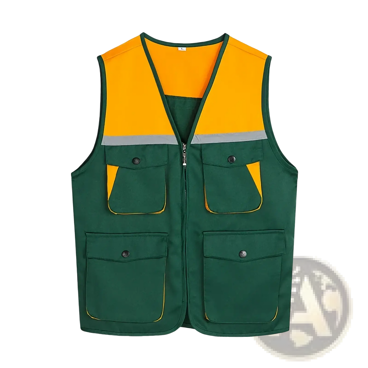 Men outdoor multi pocket utility vest in high-visibility green and yellow with reflective silver stripes for safety