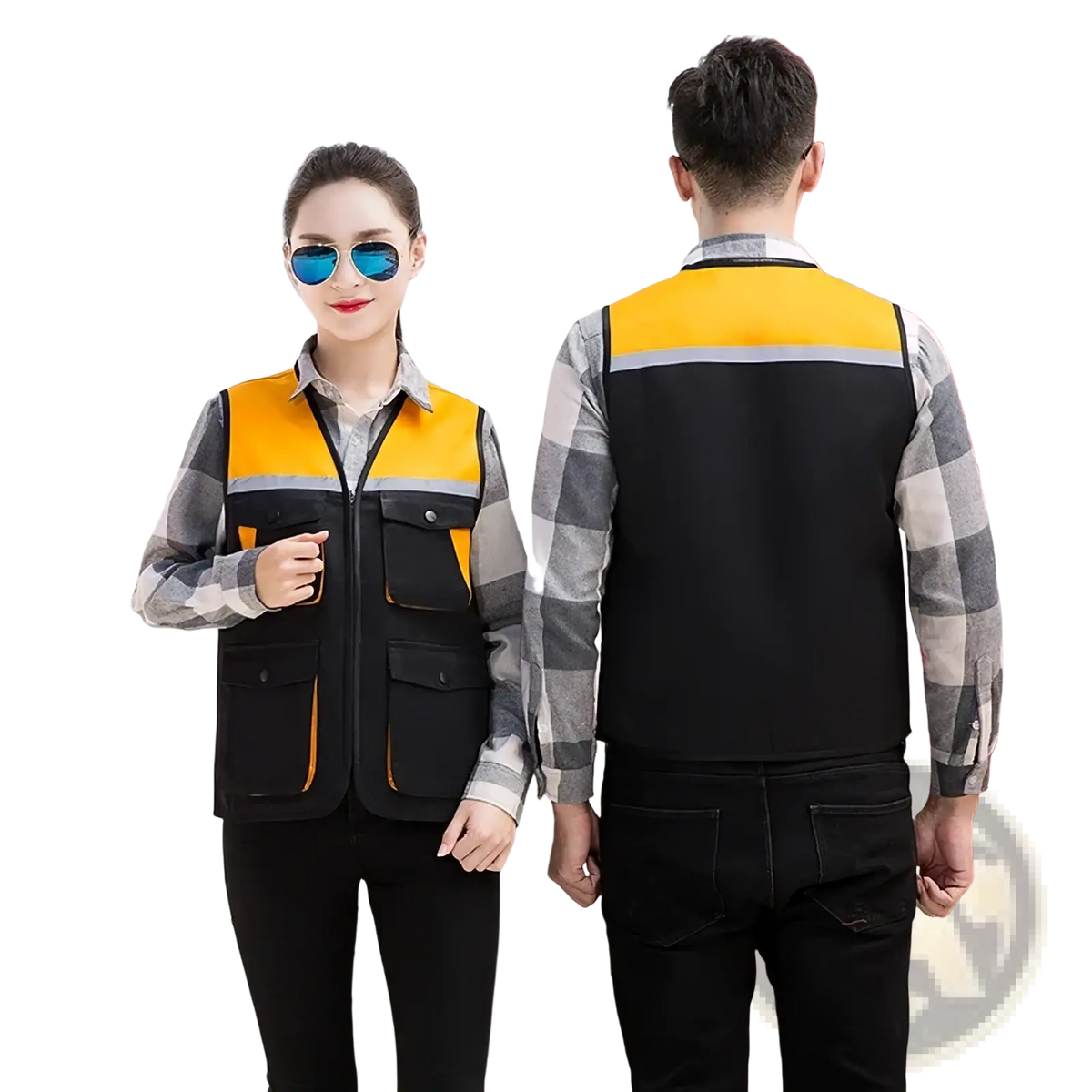 Men outdoor multi pocket utility vest in yellow and black reflective material with gray trim and multiple pockets