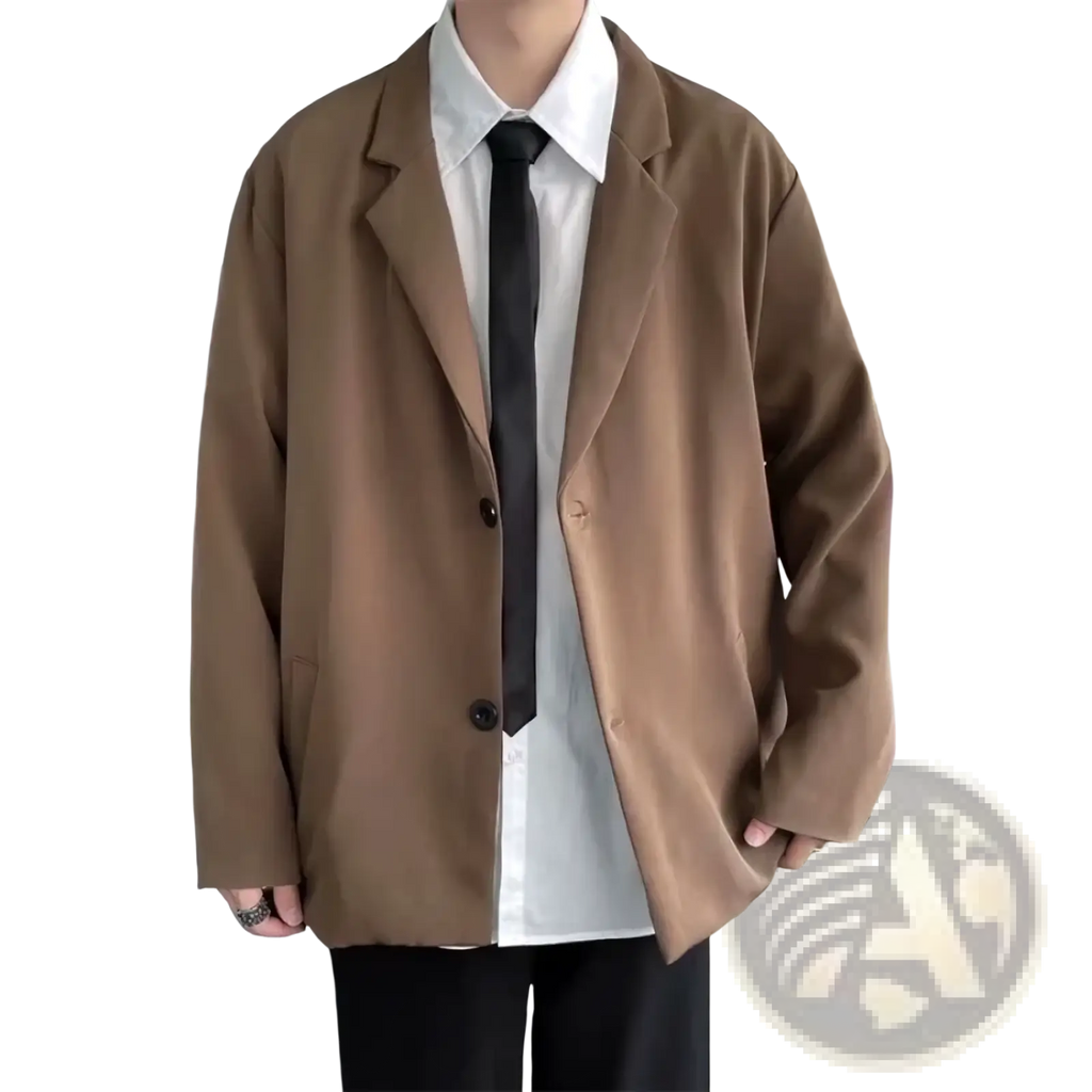A tan oversized blazer with a relaxed fit and black buttons featured in the men oversized black rose embroidered blazer collection