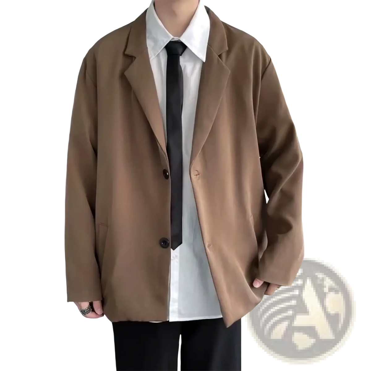 A tan oversized blazer with a relaxed fit and black buttons featured in the men oversized black rose embroidered blazer collection