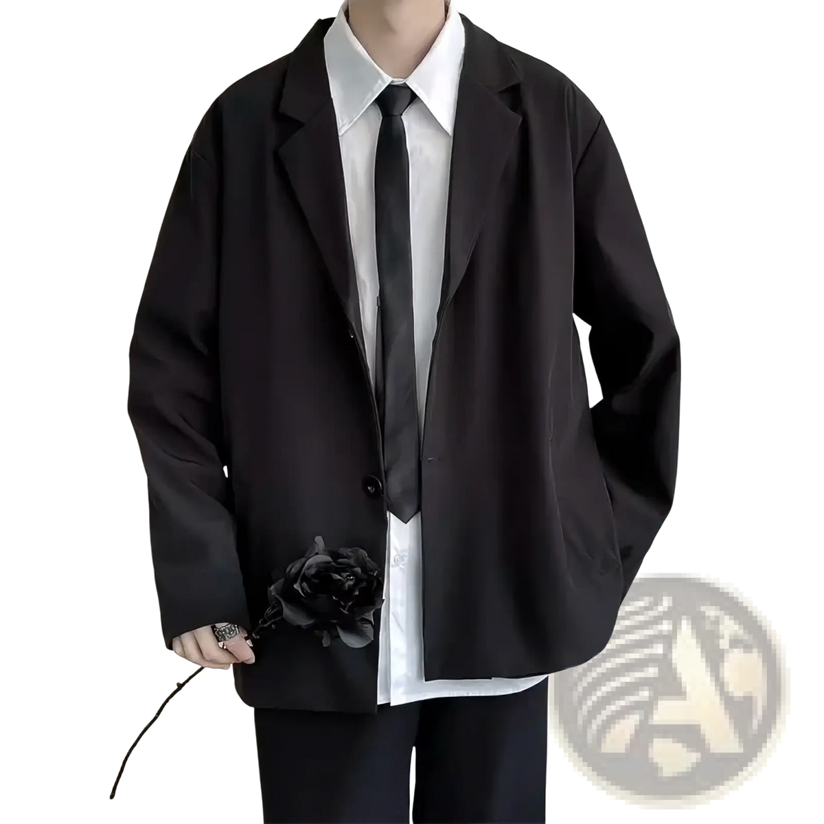 Men oversized black blazer with single button closure and embroidered black rose on the left sleeve