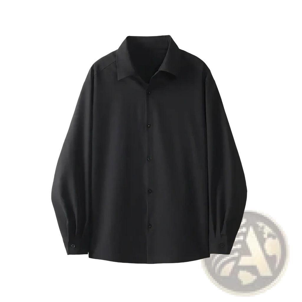 Men oversized casual long sleeve dress shirt black with classic collar and subtle sheen in smooth fabric