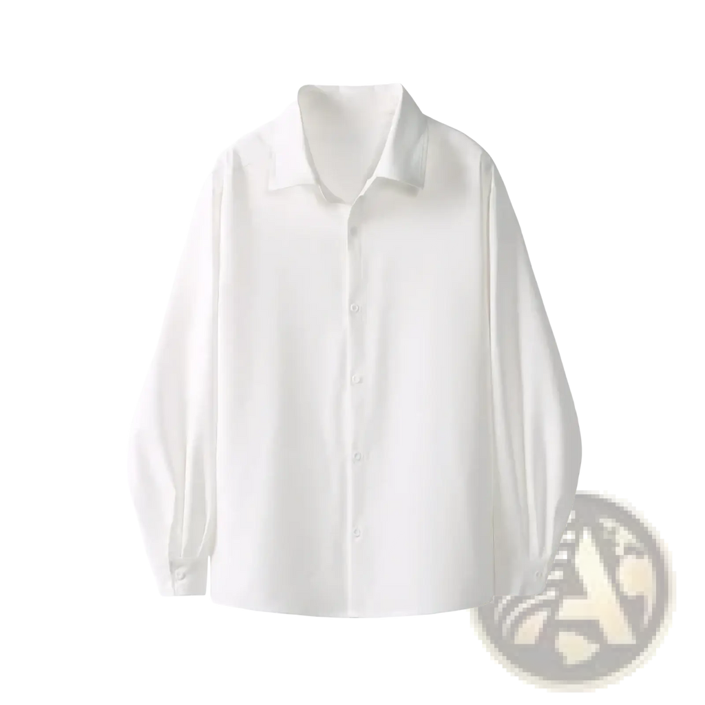 Men oversized casual long sleeve dress shirt in white smooth fabric with a classic collar and minimalist design
