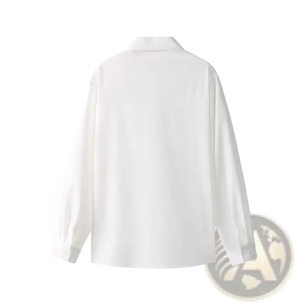 A minimalist white oversized casual long sleeve dress shirt with a clean modern design for men