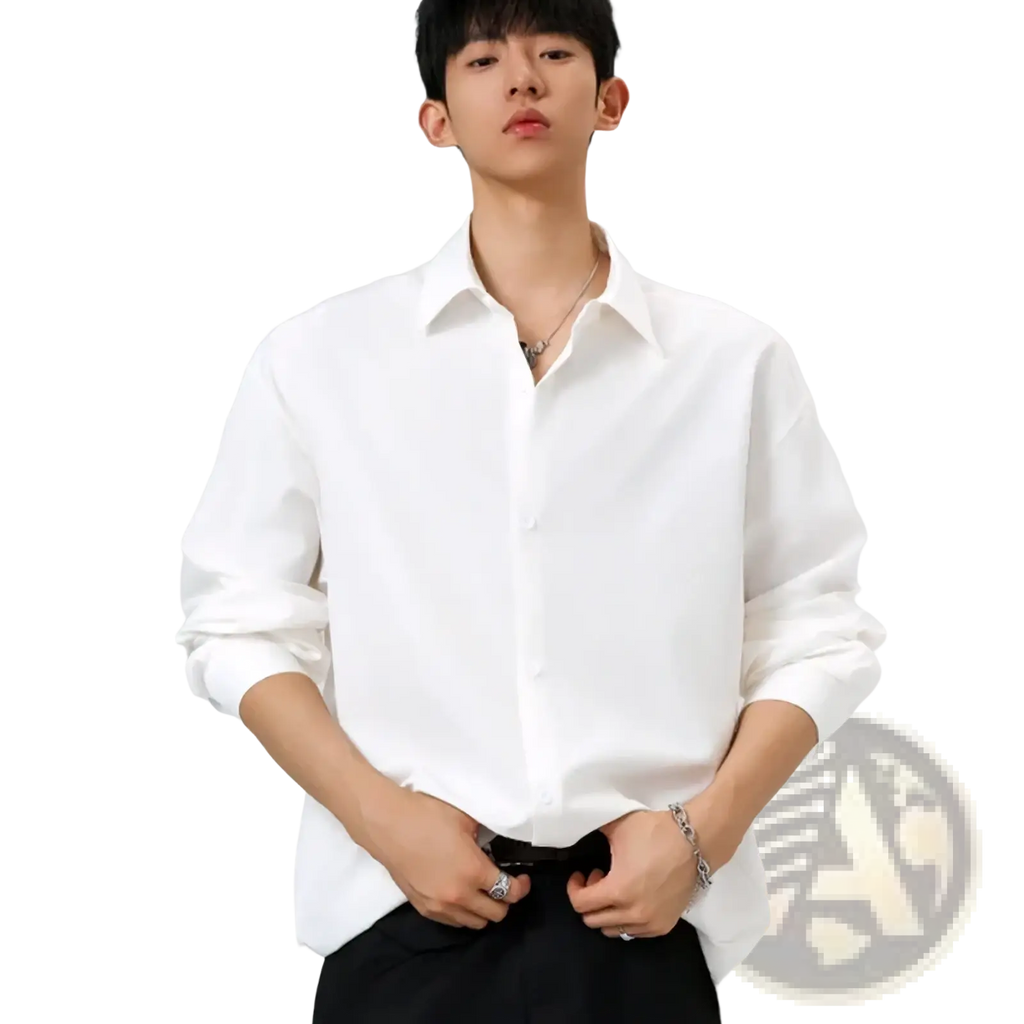Men oversized casual long sleeve dress shirt in white with classic collar and slightly loose fit made of soft fabric
