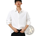 Men oversized casual long sleeve dress shirt in white with classic collar and slightly loose fit made of soft fabric