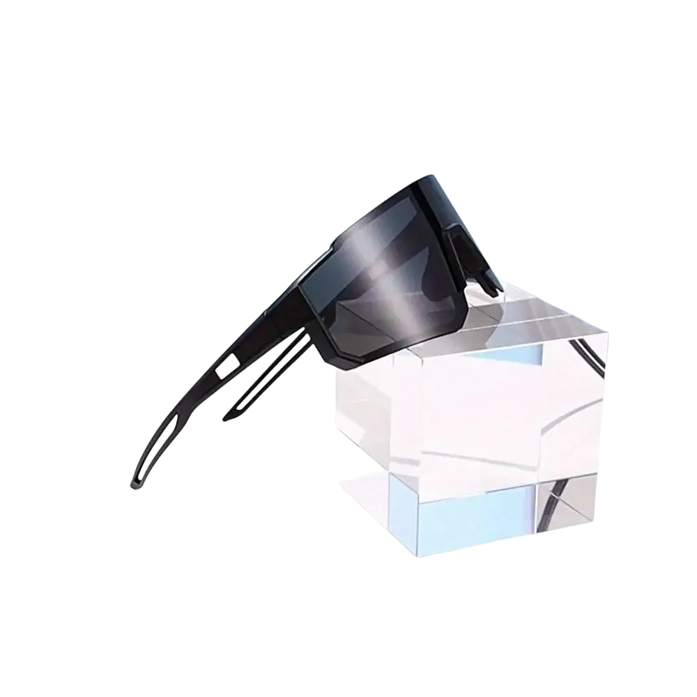 Men oversized cycling sunglasses with black polycarbonate frame and dark gradient lenses ideal for varied light environments