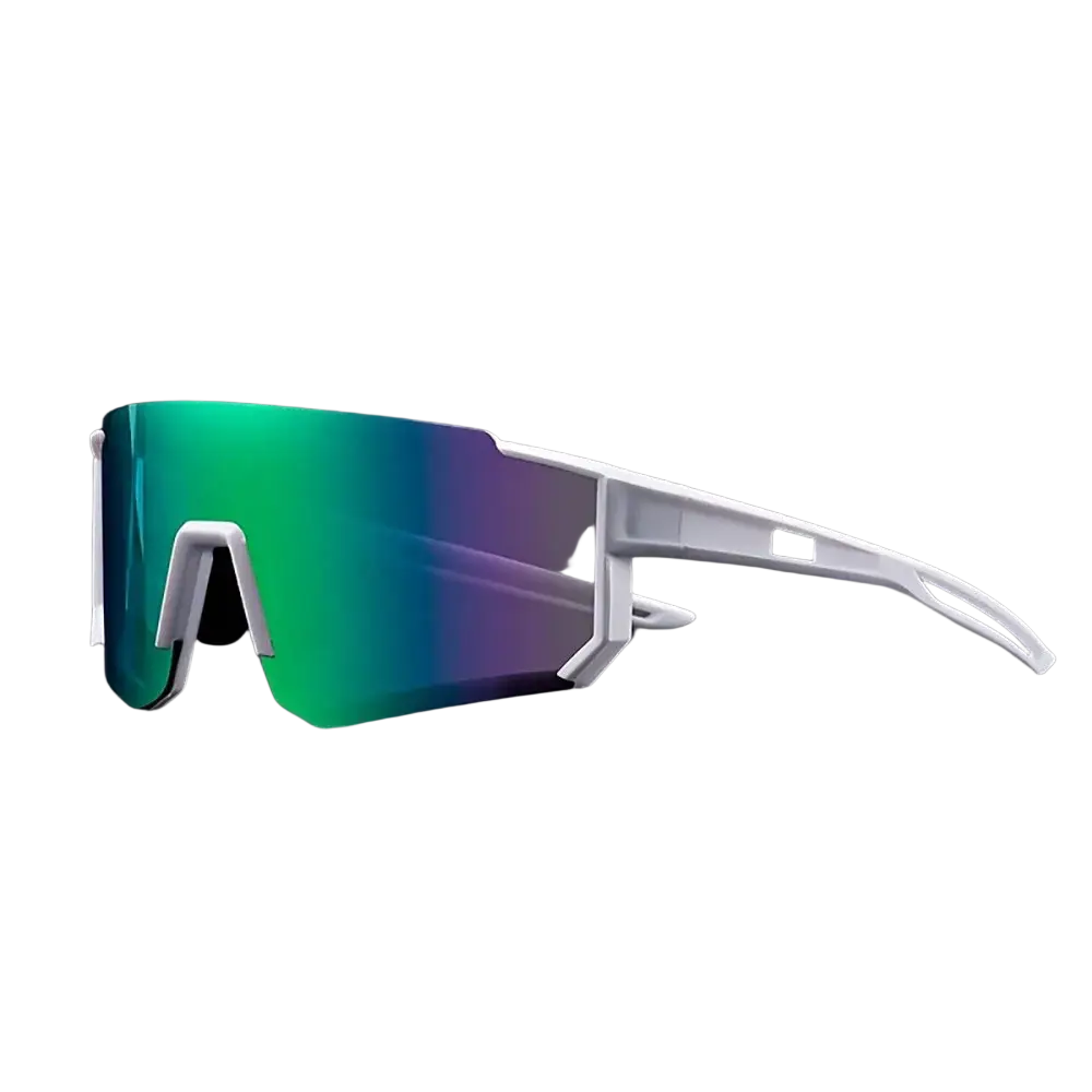 Men oversized cycling sunglasses with white frames and polycarbonate gradient green to purple lenses for varied light environments