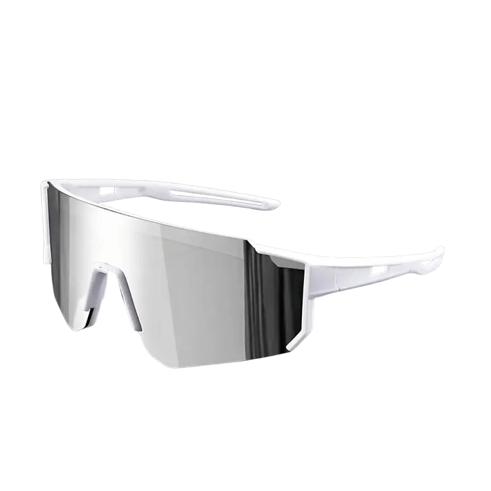 Men oversized cycling sunglasses with white polycarbonate frame and reflective silver gradient lenses for varied light environments