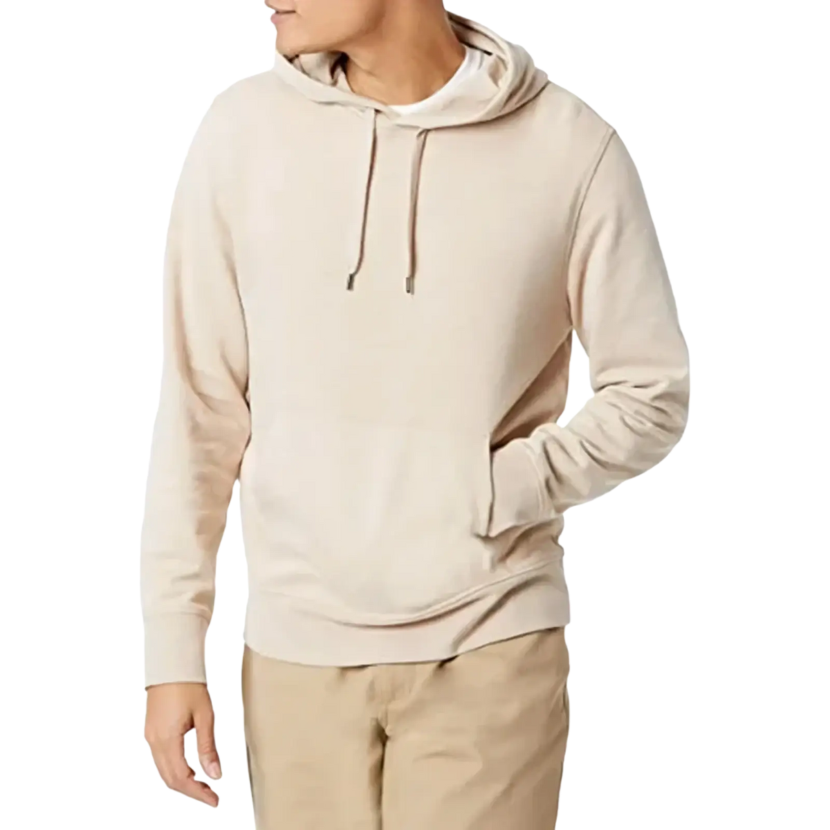 Men oversized fleece pullover hoodie in beige with hood and matching drawstrings featuring a relaxed casual fit