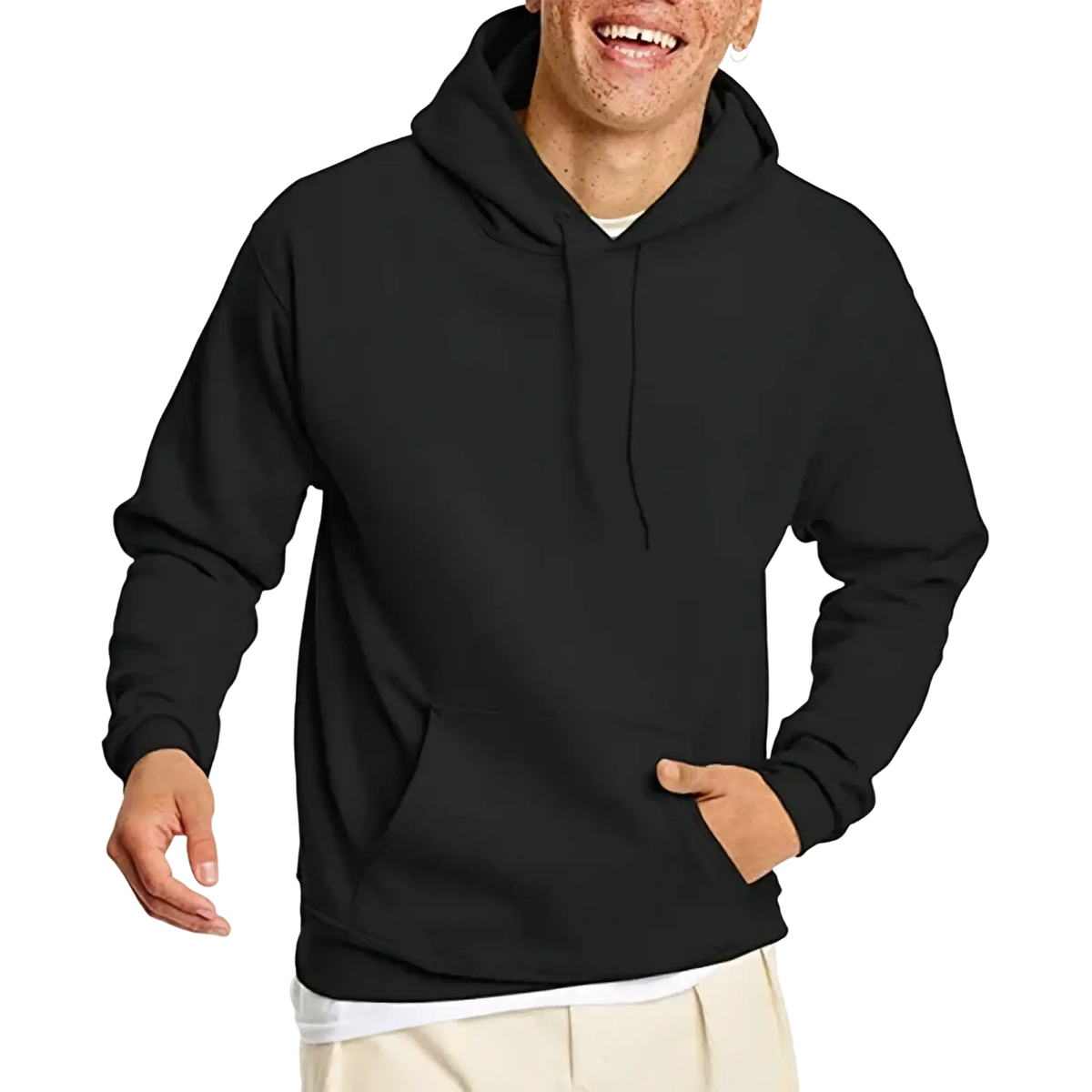 Men oversized fleece pullover hoodie in black with hood, drawstrings, and front pocket for casual wear