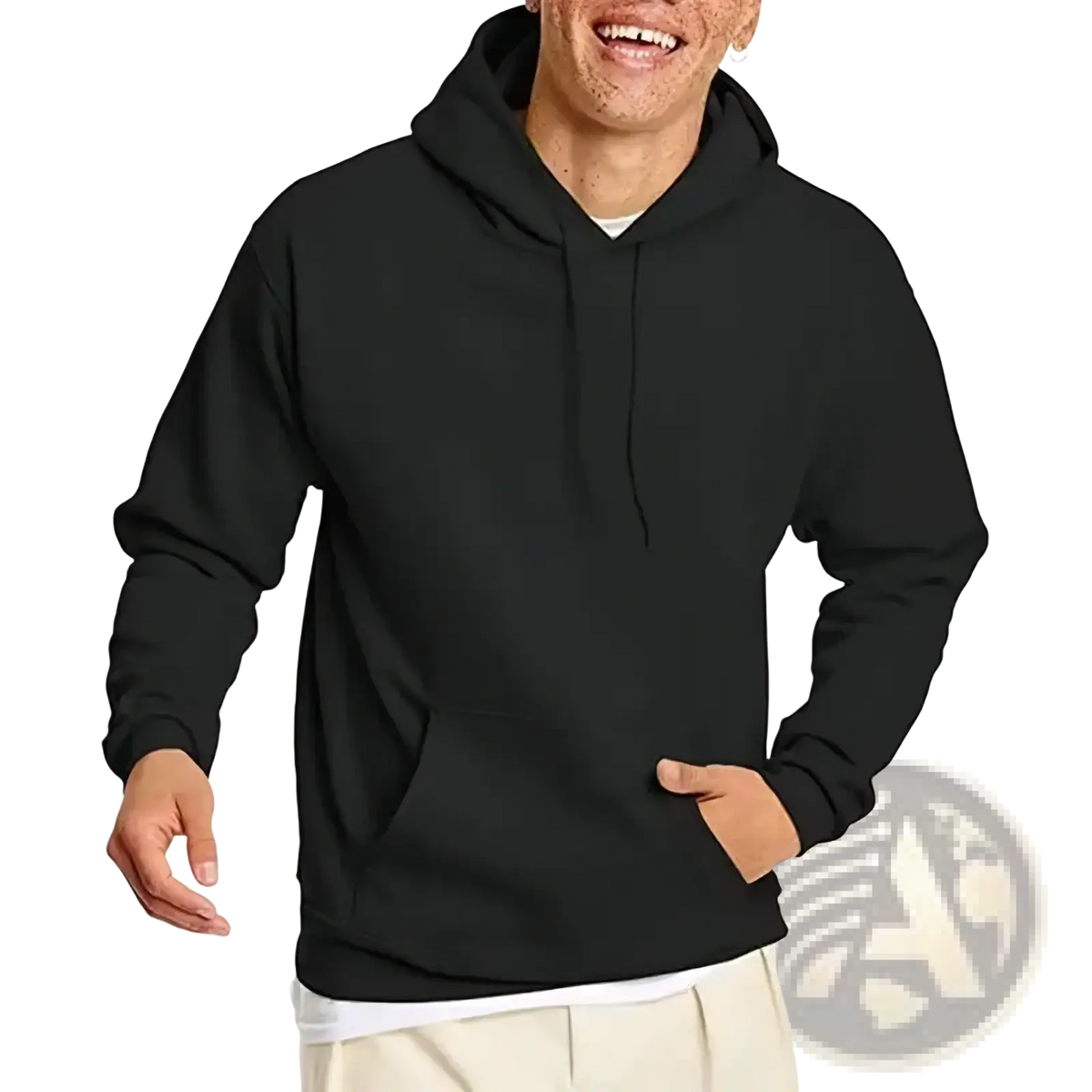 Men oversized black fleece pullover hoodie with hood, drawstrings, and front pocket in a comfortable fit
