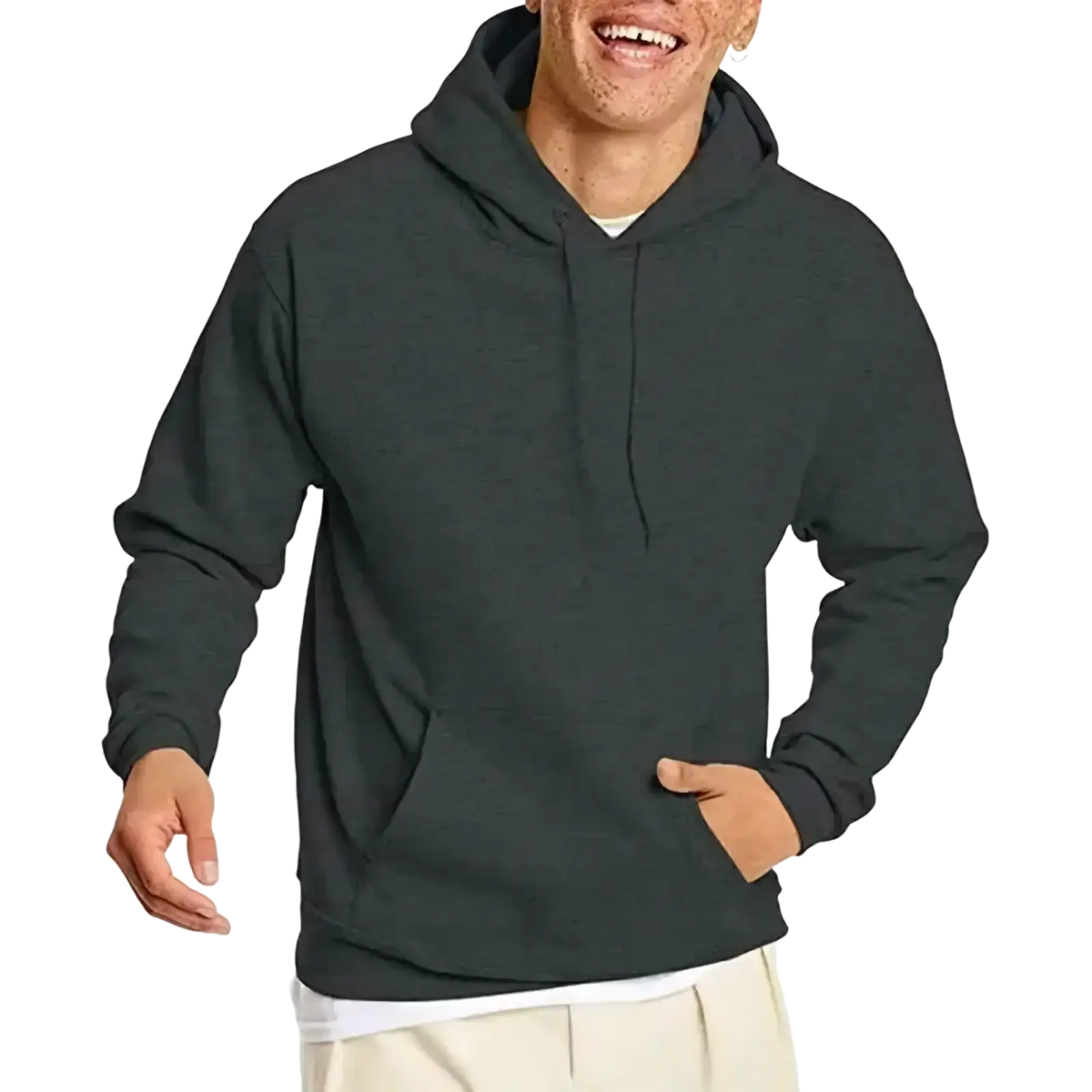 Dark gray men oversized fleece pullover hoodie with front pocket and drawstrings made of soft fleece material