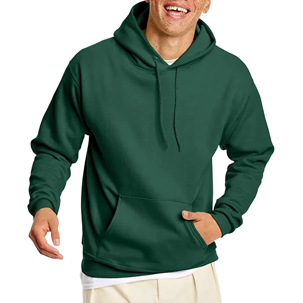 Dark green men’s oversized fleece pullover hoodie with hood, front pocket, and drawstrings for casual wear