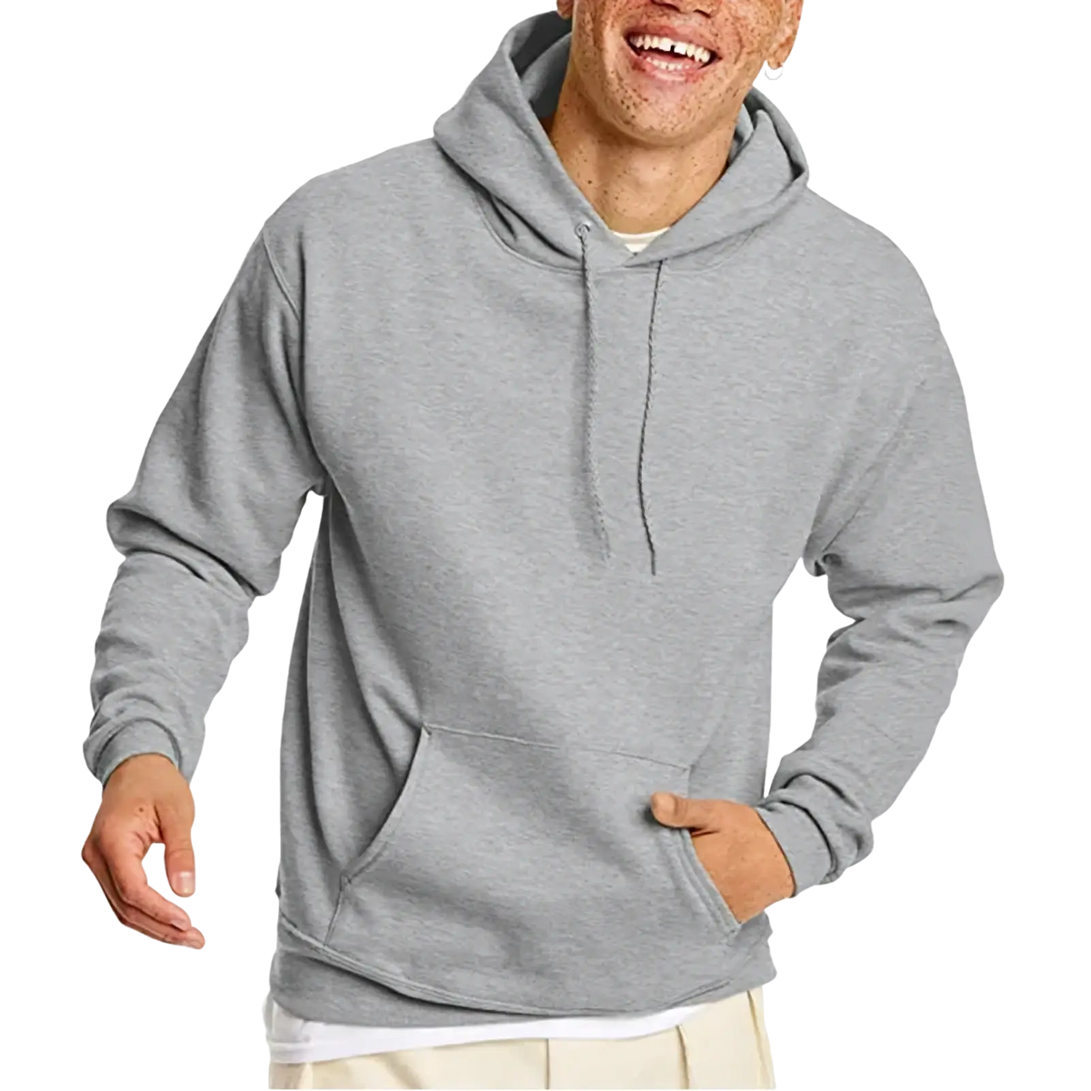 Men oversized fleece pullover hoodie in gray heathered cotton with drawstring hood and front pocket