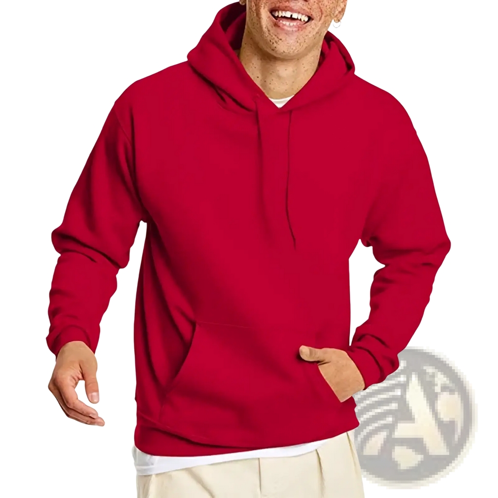 Men oversized fleece pullover hoodie in vibrant red plain cotton with front pocket and adjustable drawstrings