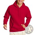 Men oversized fleece pullover hoodie in vibrant red plain cotton with front pocket and adjustable drawstrings