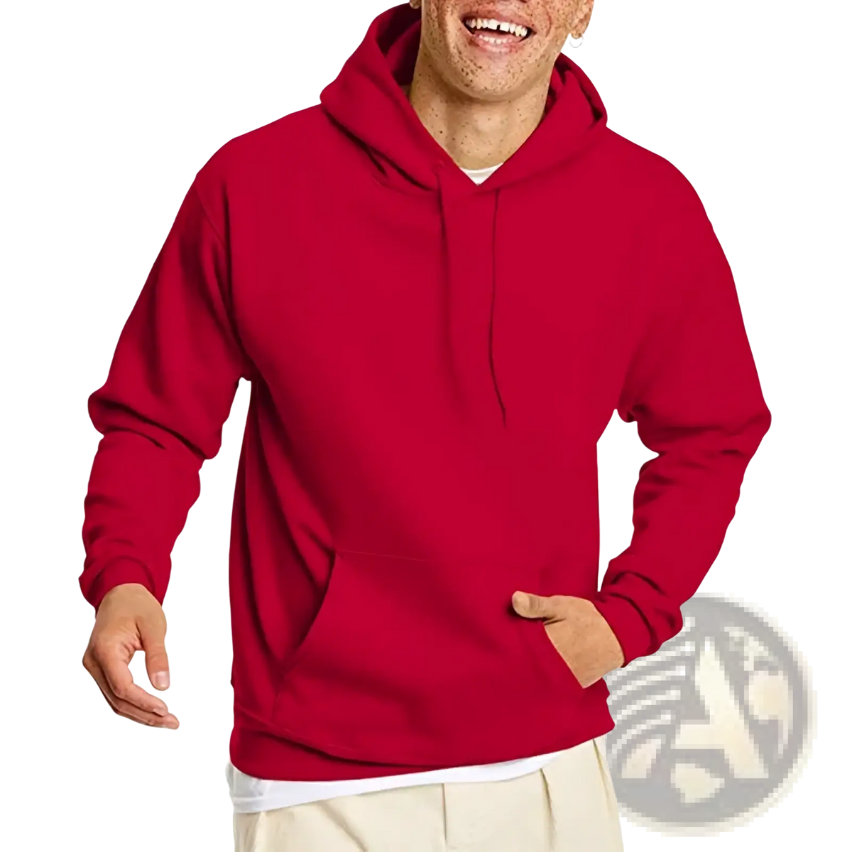 Men oversized fleece pullover hoodie in vibrant red plain cotton with front pocket and adjustable drawstrings