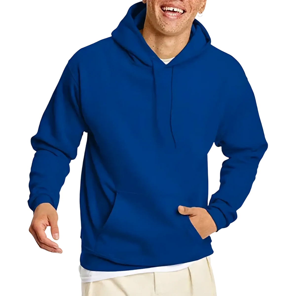 Men oversized fleece pullover hoodie in royal blue with hood, front pocket, and drawstrings for casual wear
