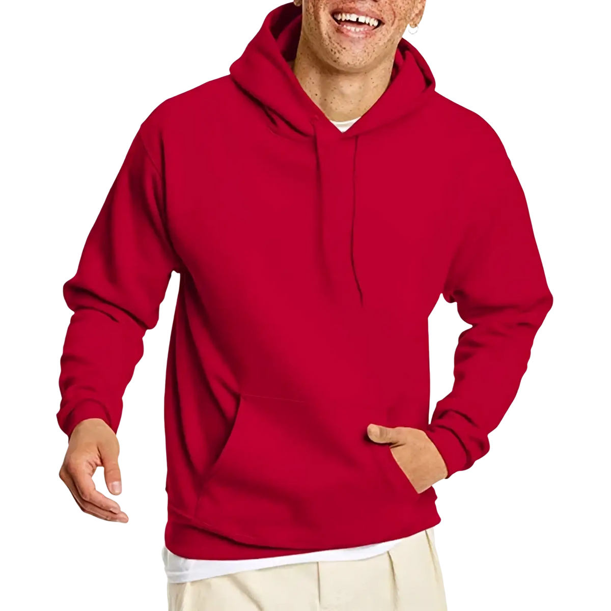 Men oversized fleece pullover hoodie in vibrant red plain cotton with front pocket and adjustable drawstrings