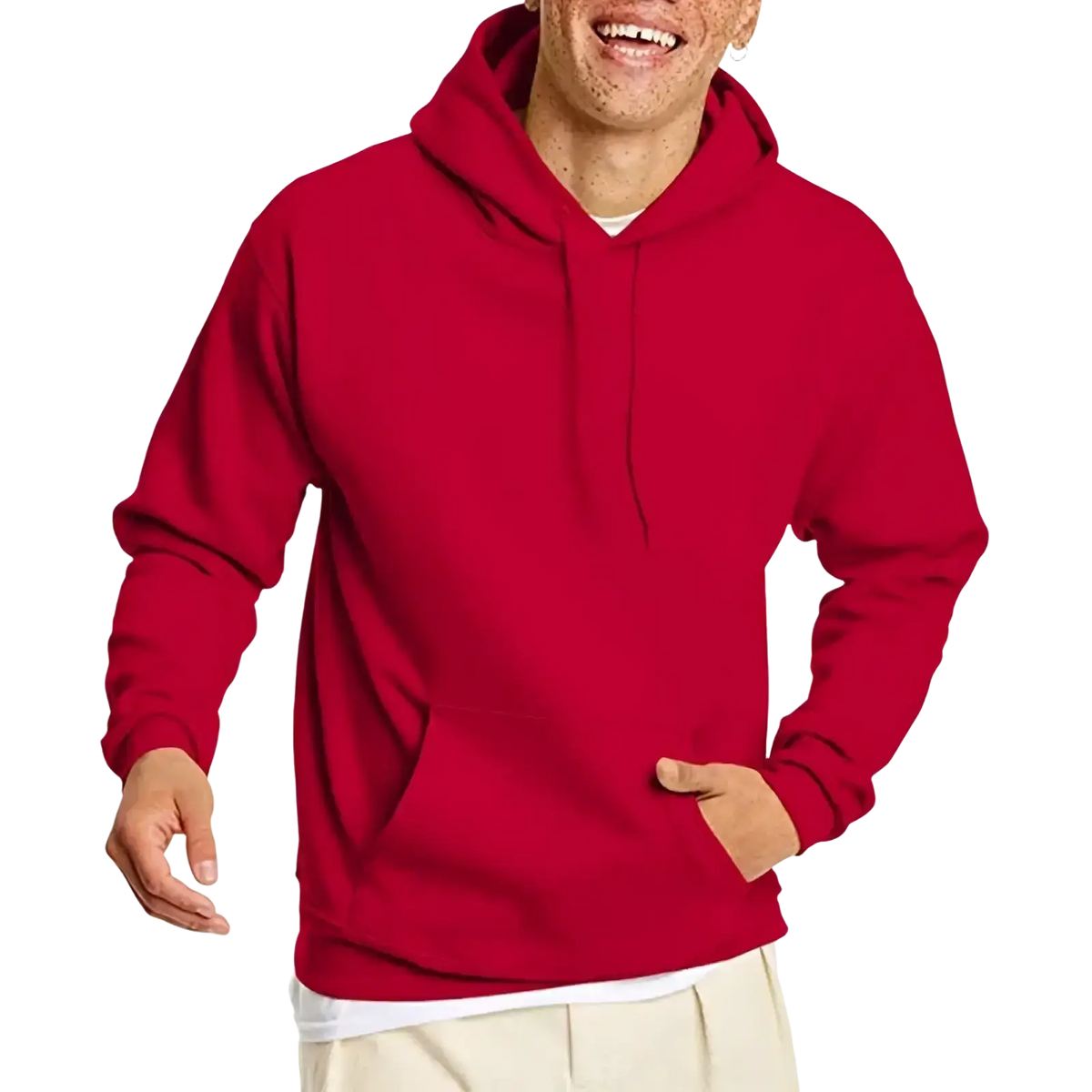 Men oversized fleece pullover hoodie in vibrant red plain cotton with front pocket and drawstring hood