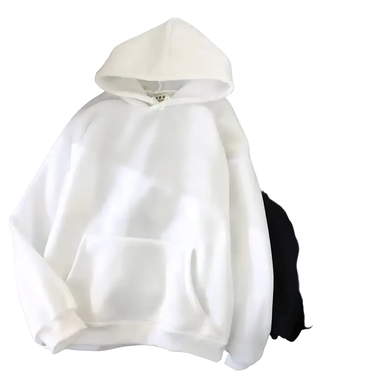 Men oversized fleece pullover hoodie in white with soft plush texture and front pocket for comfortable wear